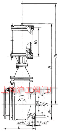 PZ641H 型 PN16~PN63 氣動(dòng)鋼制排渣閘閥主要外形及結(jié)構(gòu)尺寸示意圖